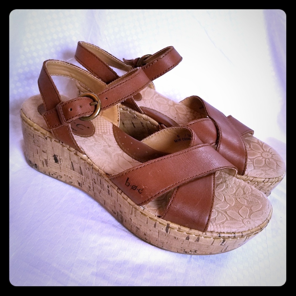Cute brown leather cork platform sandals